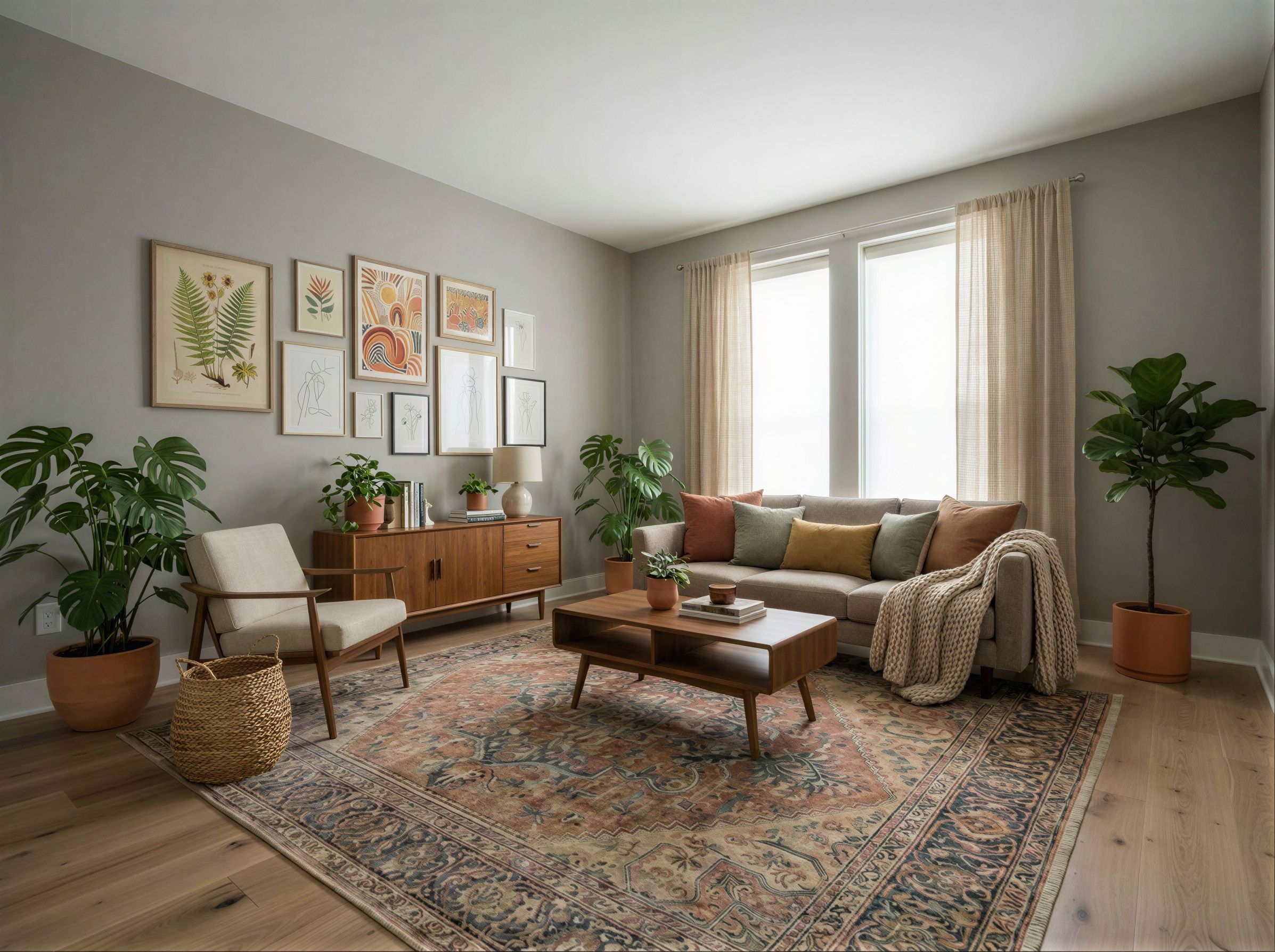 A 3D visualization of a dream living room with warm colors, modern furniture, and plenty of natural light.