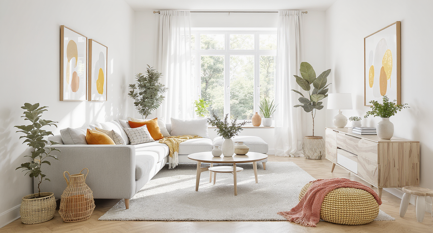 A bright modern living room featuring a light gray sectional sofa, colorful pillows, and ample natural light.