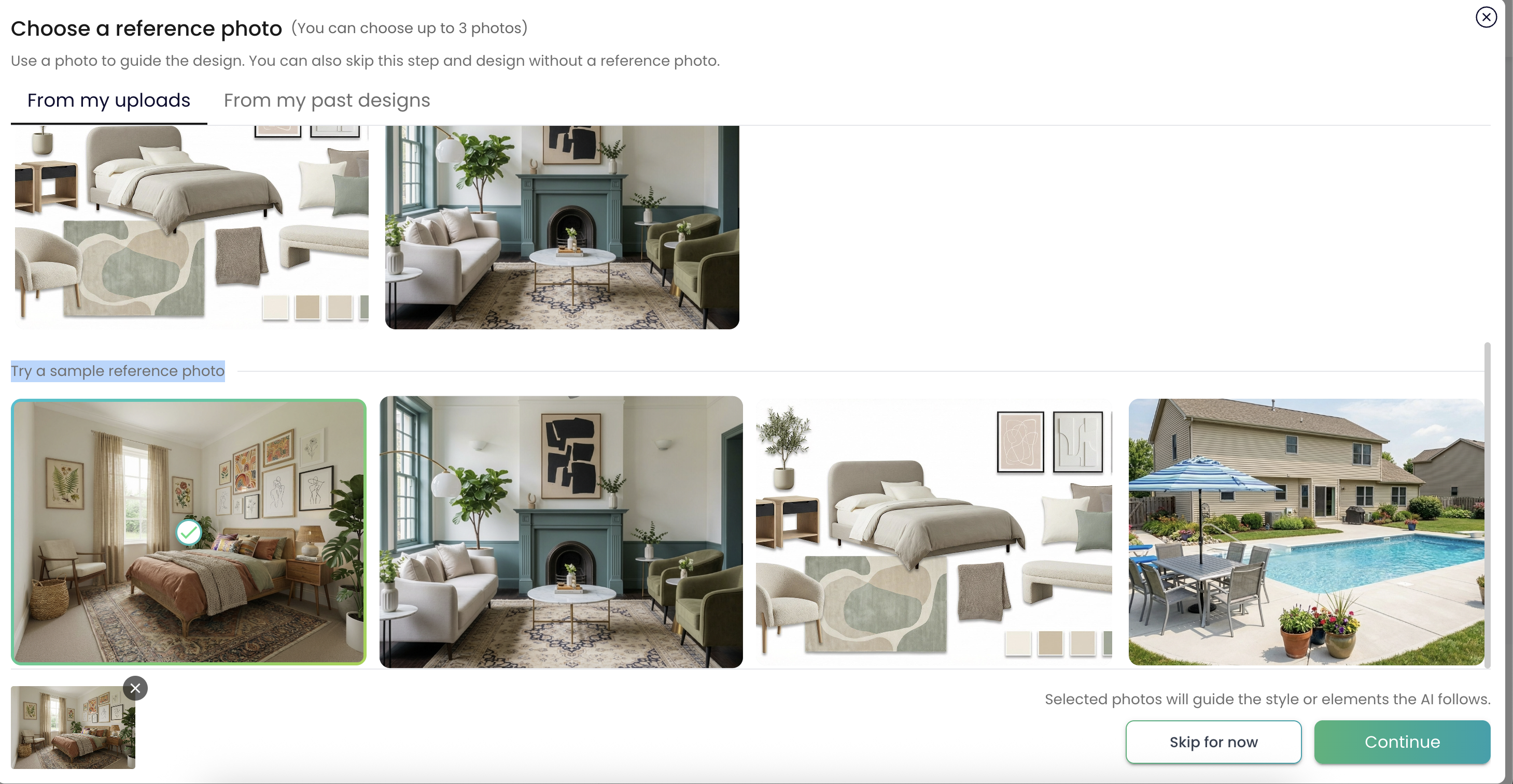 A computer screen showing REimagineHome AI with a before-and-after living room transformation alongside a person.