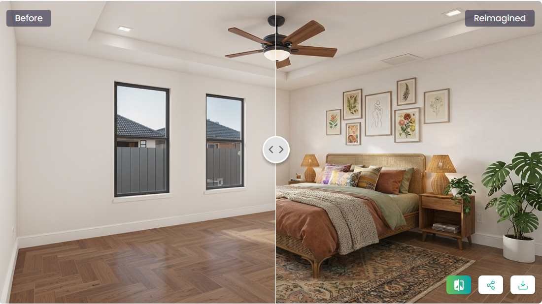A split image showing a before and after transformation of a living room using reference photos.