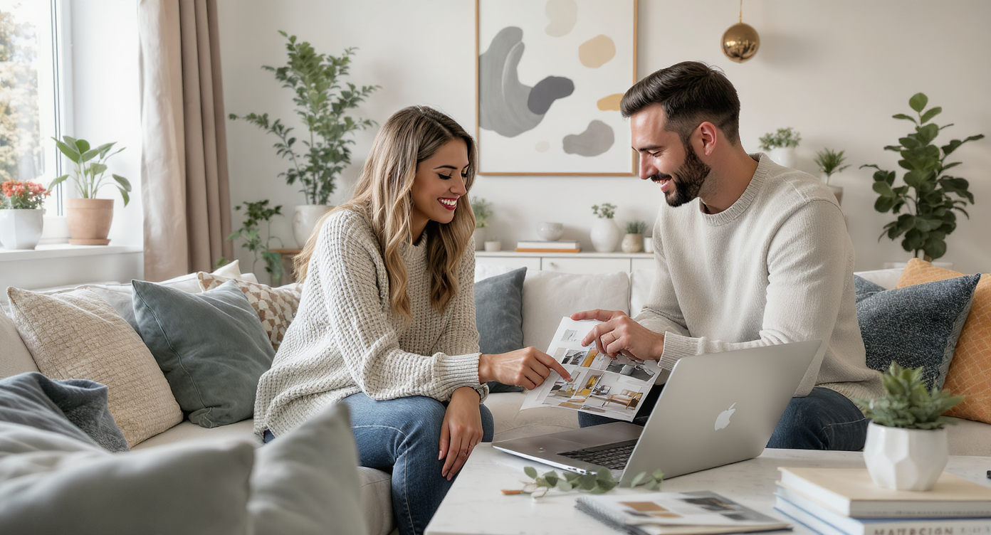 A homeowner and designer collaborate in a bright living room, reviewing design ideas on a laptop.
