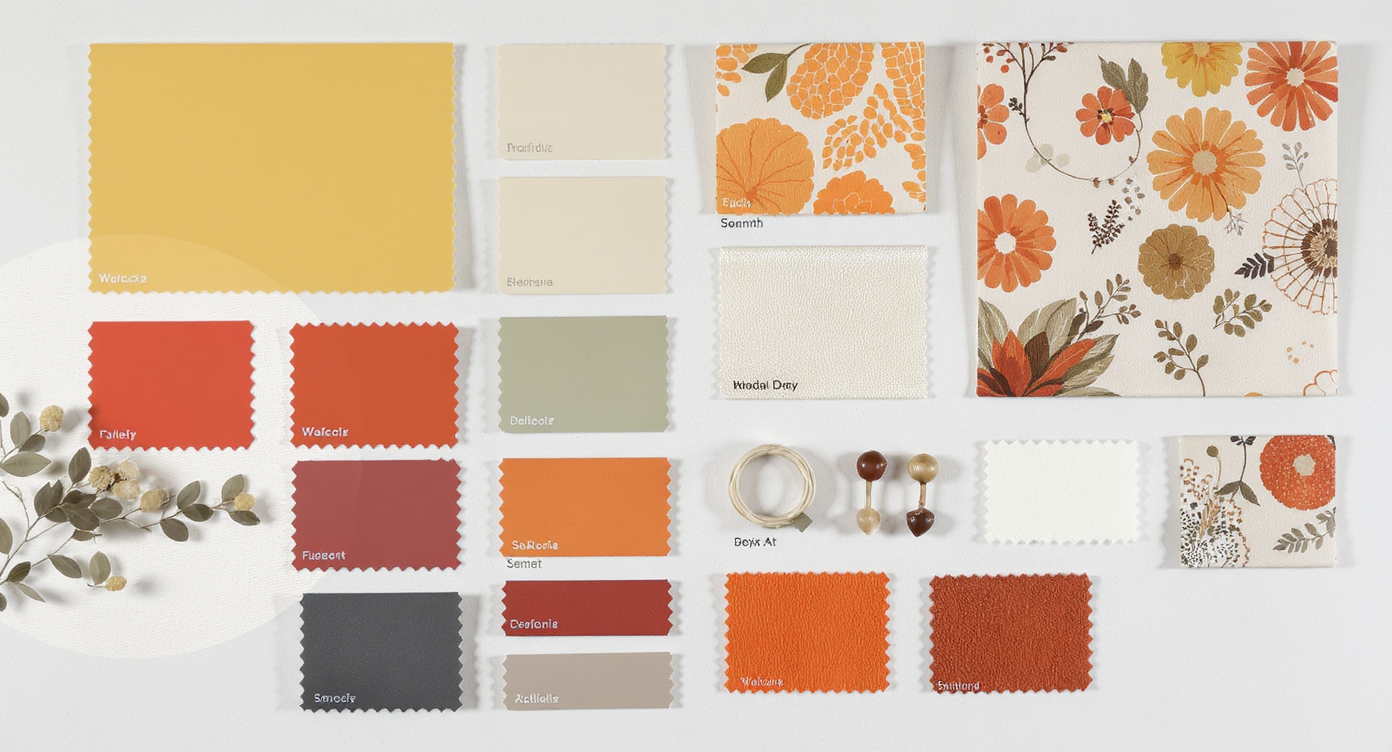 Color palette reference board displaying various wall and furniture colors, demonstrating harmonious design choices.