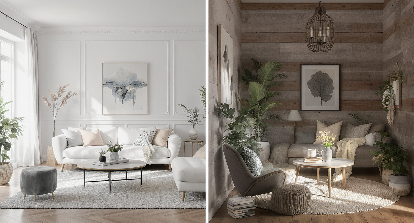 Comparison of two distinct AI-generated interior designs, showcasing a modern living area and a rustic nook.