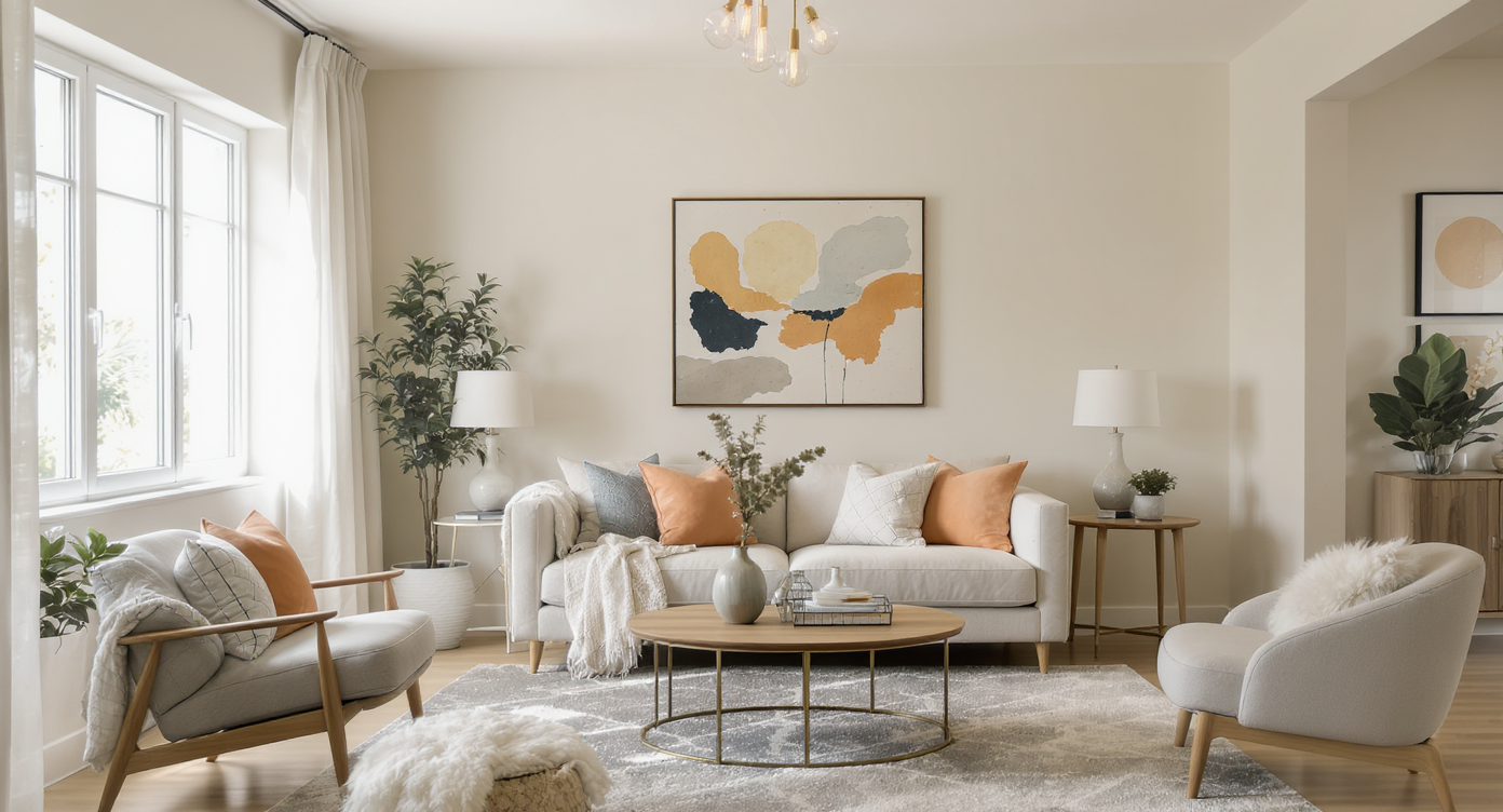 Light and airy living space with a plush sofa, decorative pillows, and plants, radiating comfort and style.