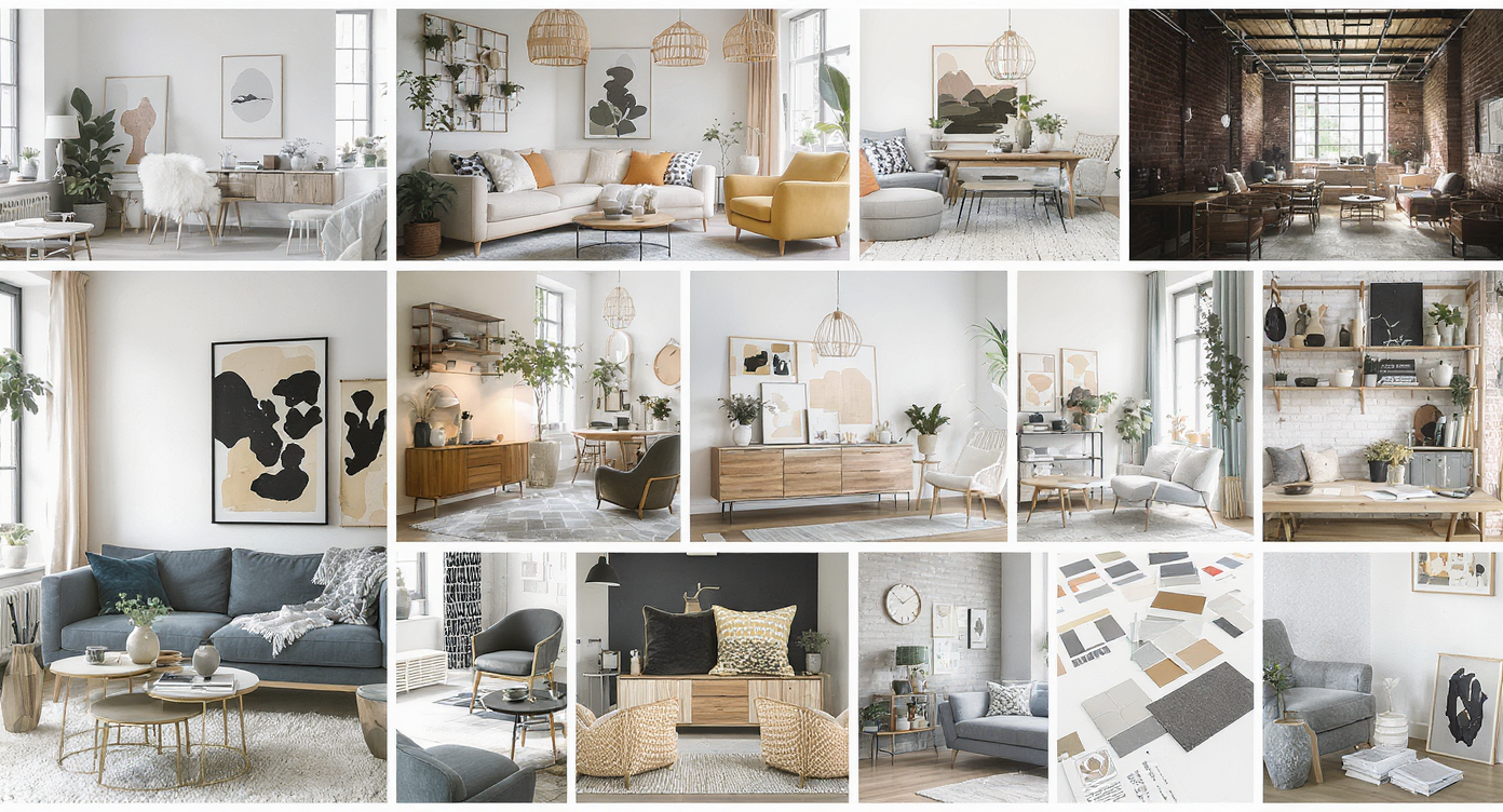 A collage of varied interior design styles, highlighting different aesthetics and color palettes for inspiration.