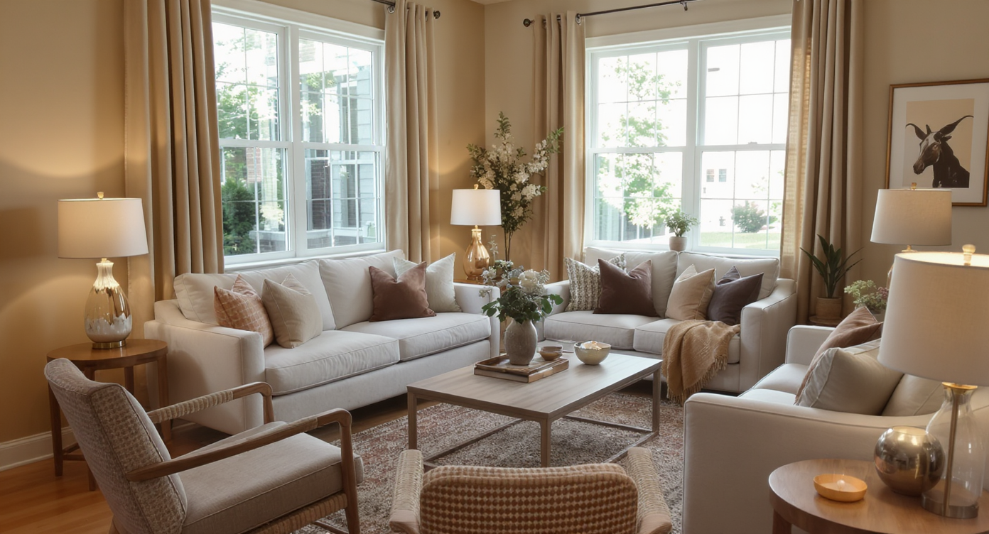 Welcoming Airbnb interior with natural light, soft colors, and cohesive decor elements, designed for guest comfort.