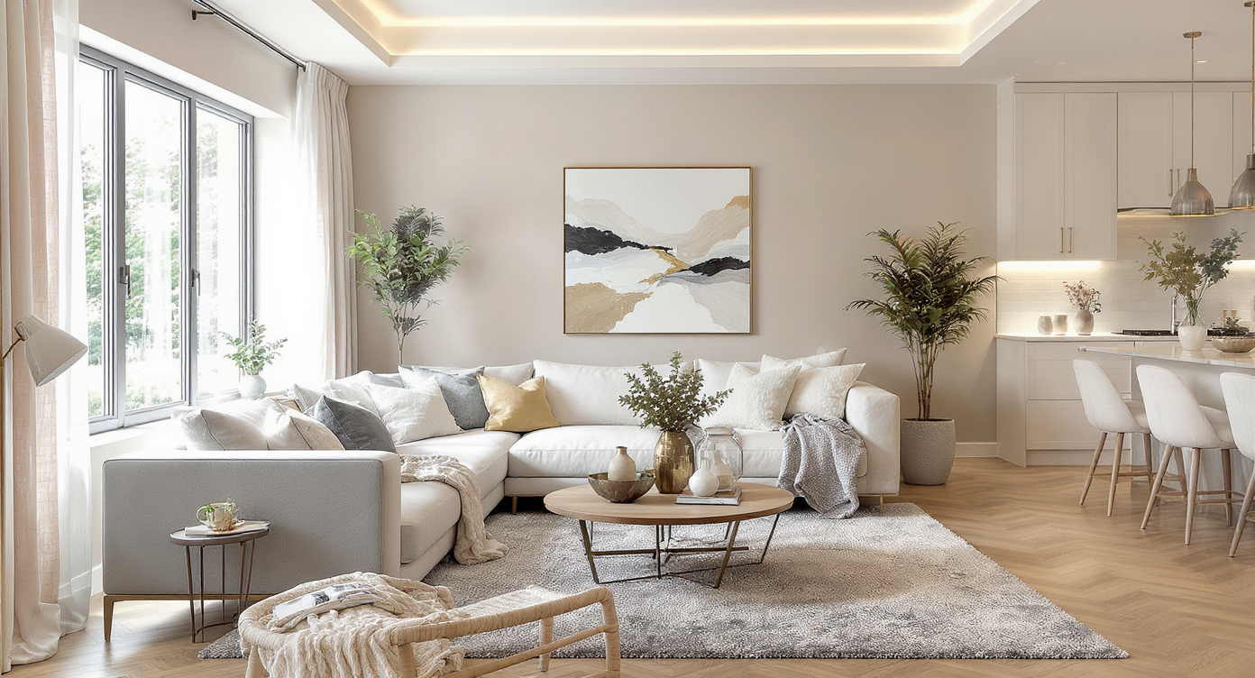 A modern living room with a sectional sofa, natural light, and contemporary art, exuding comfort and style.