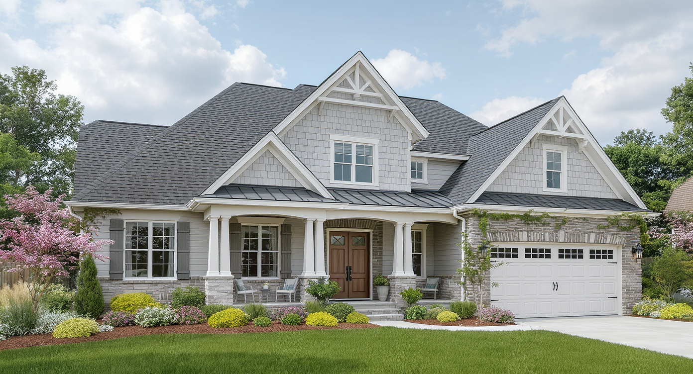 Contemporary house exterior showcasing modern design elements and lush landscaping for enhanced realism.