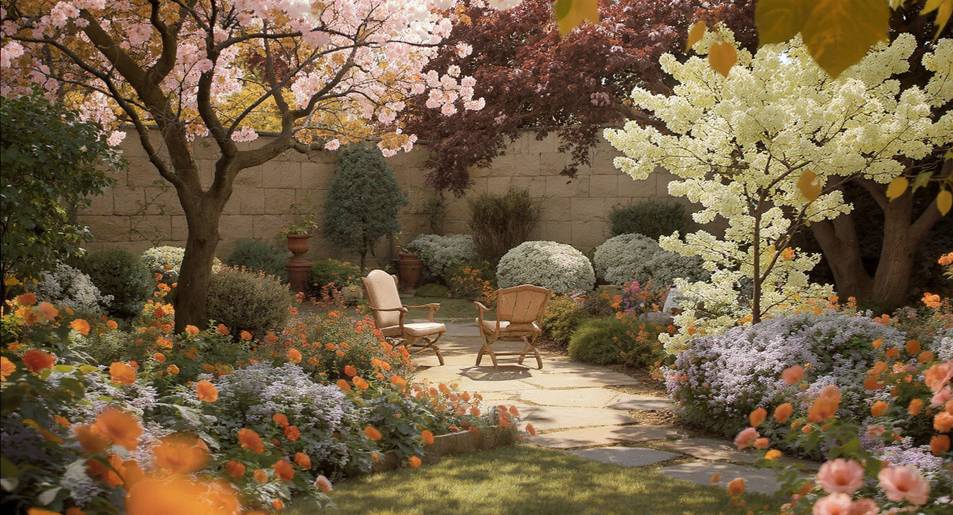 Lush garden with blooming flowers and comfortable seating, bathed in soft sunlight, promoting a tranquil outdoor atmosphere.