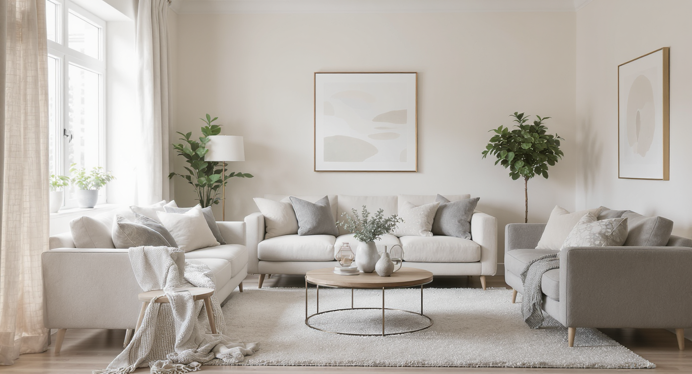 Spacious living room in soft neutral tones with large windows, natural light, and minimal decor.