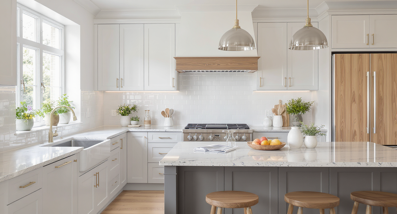 Timeless kitchen with white and gray cabinetry, warm wood details, and natural light.