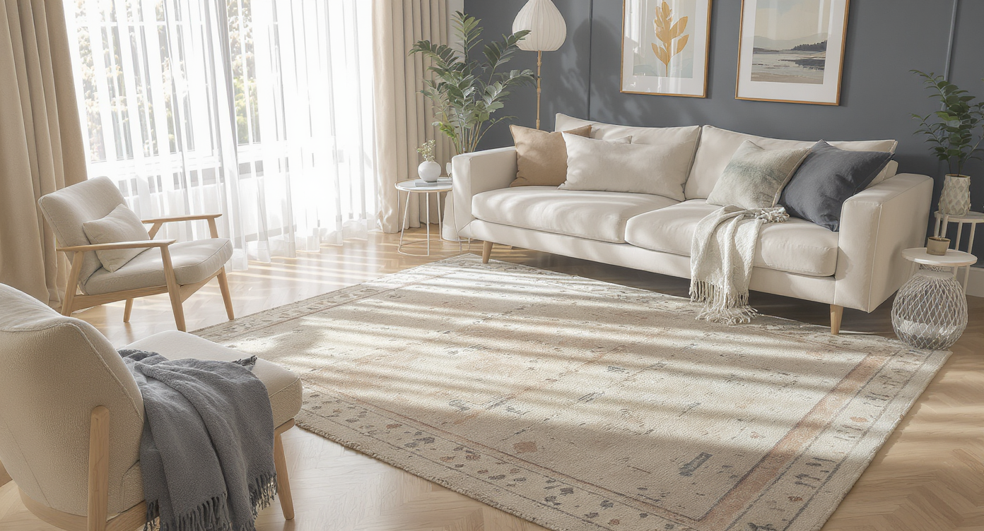 Bright living room with linen sofa, hand-knotted rug, and timeless decor elements.