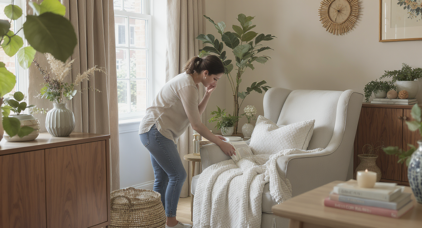 Interior designer setting up a cozy reading nook with soft textures and natural elements.