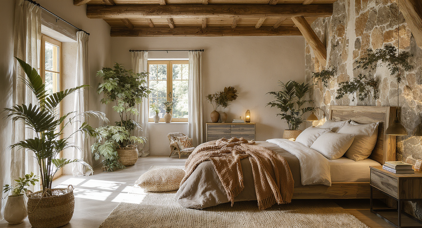 Serene bedroom with natural elements like wooden beams and lush plants.