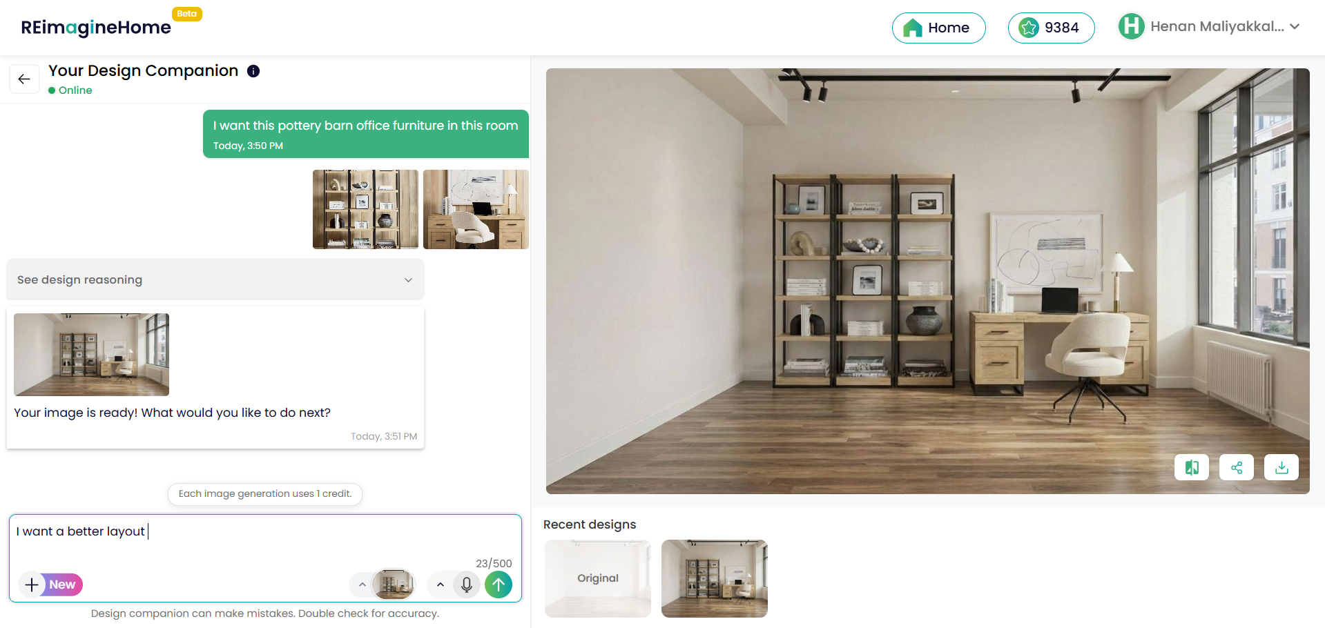 A computer screen mockup with 3D furniture placement visualization for a home office.