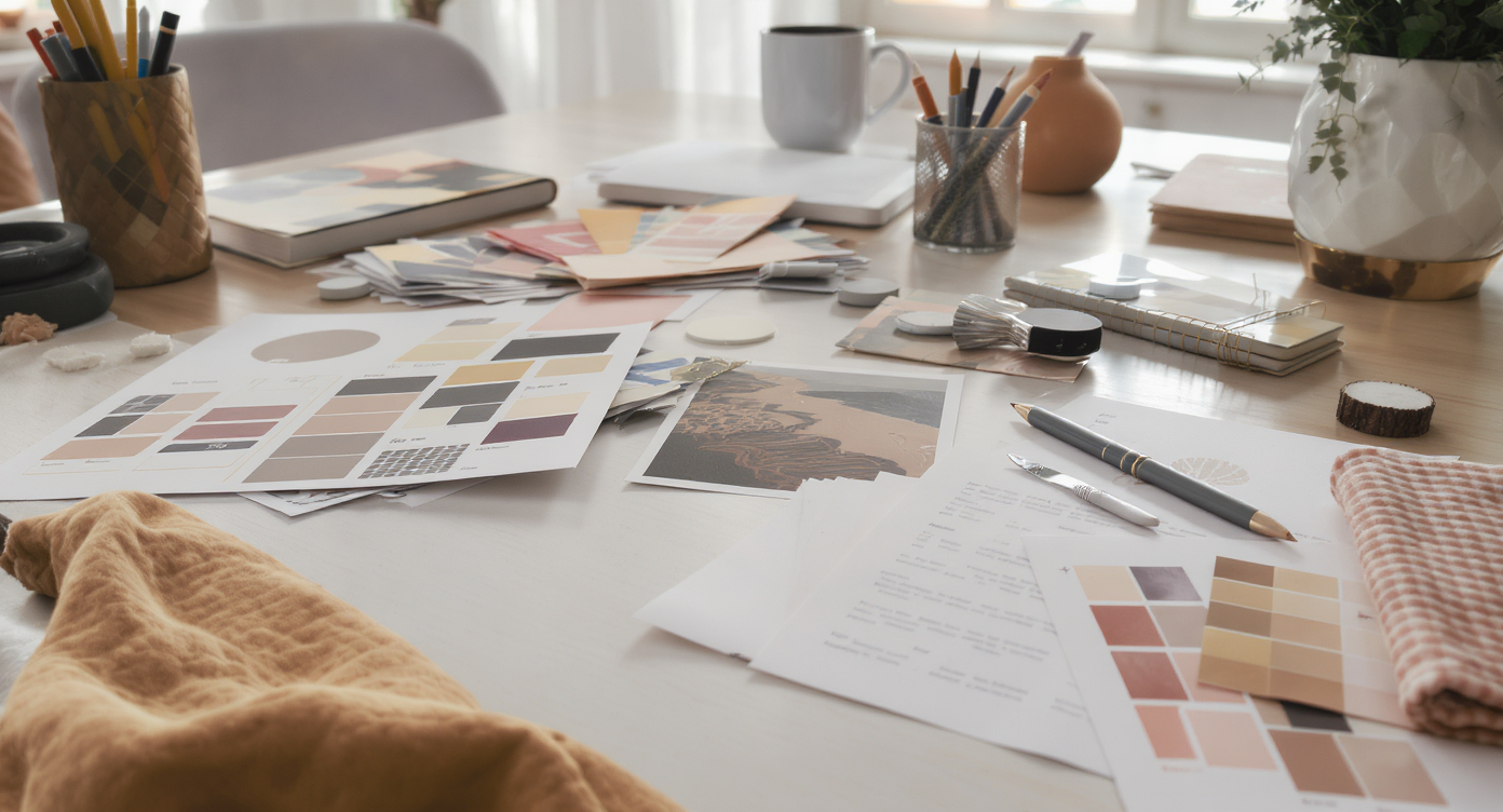 Mood boards and swatches laid out on a table for home office design inspiration.