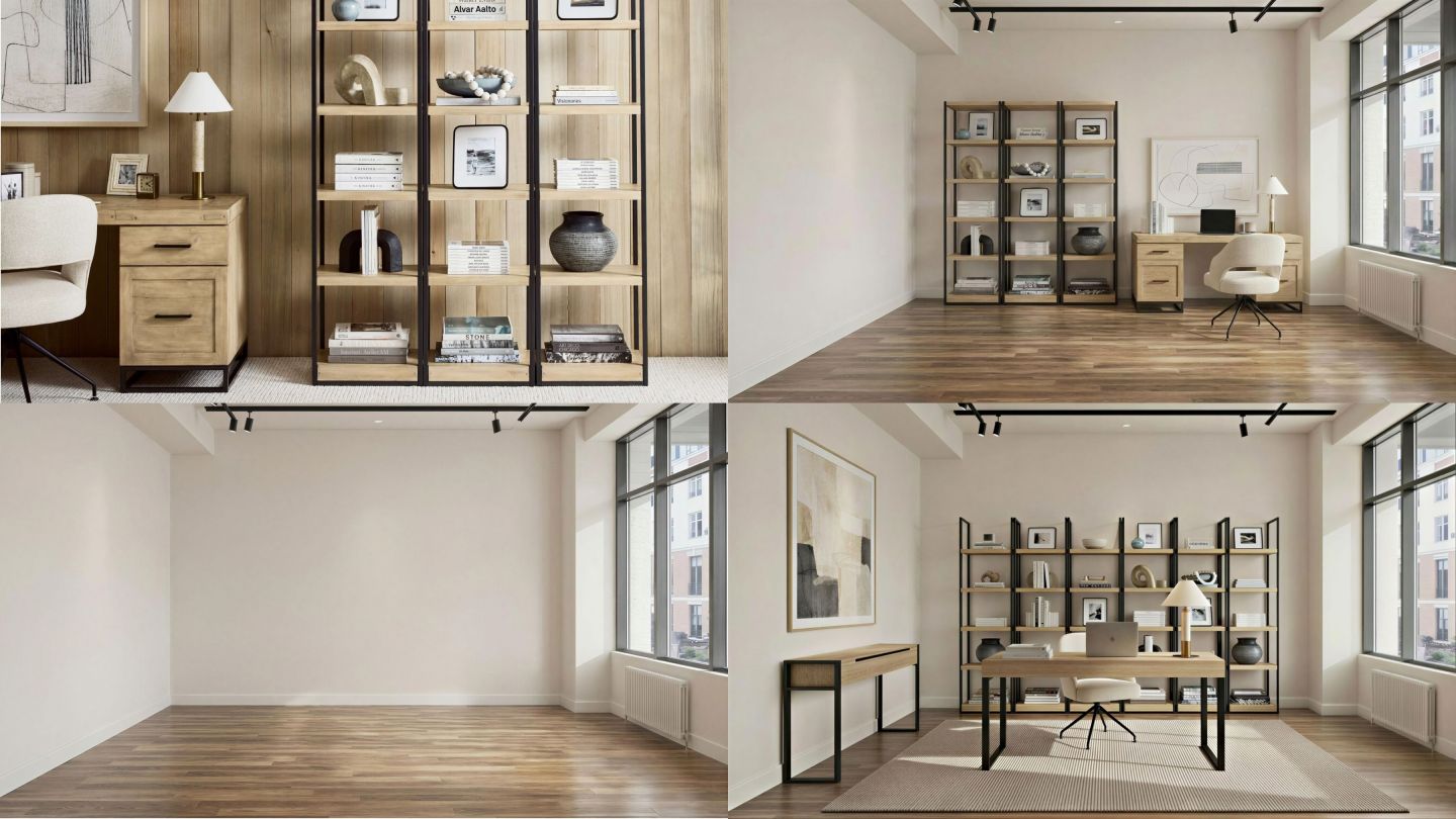 A style board leading into a beautifully designed home office, blending ideas with reality.