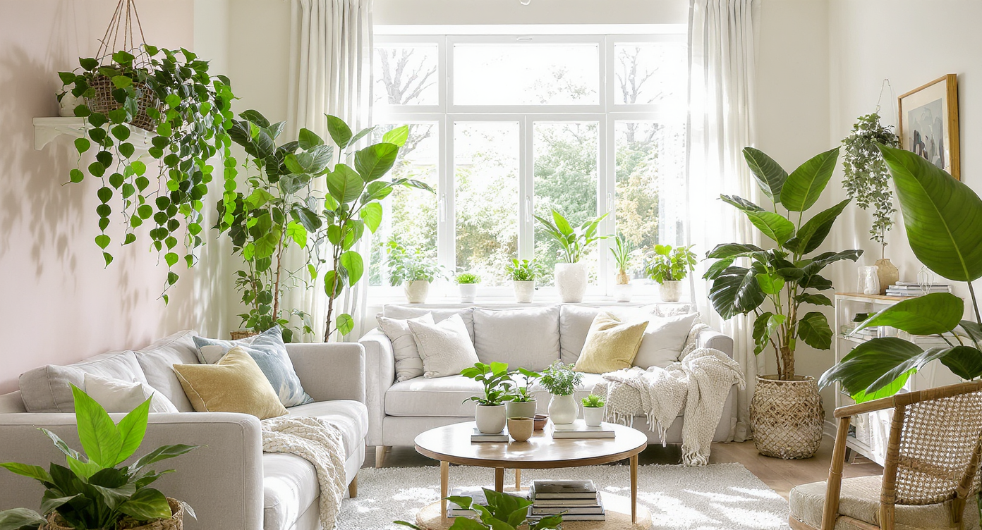 Bright living room filled with various indoor plants under natural light, featuring a cozy sofa and stylish decor.
