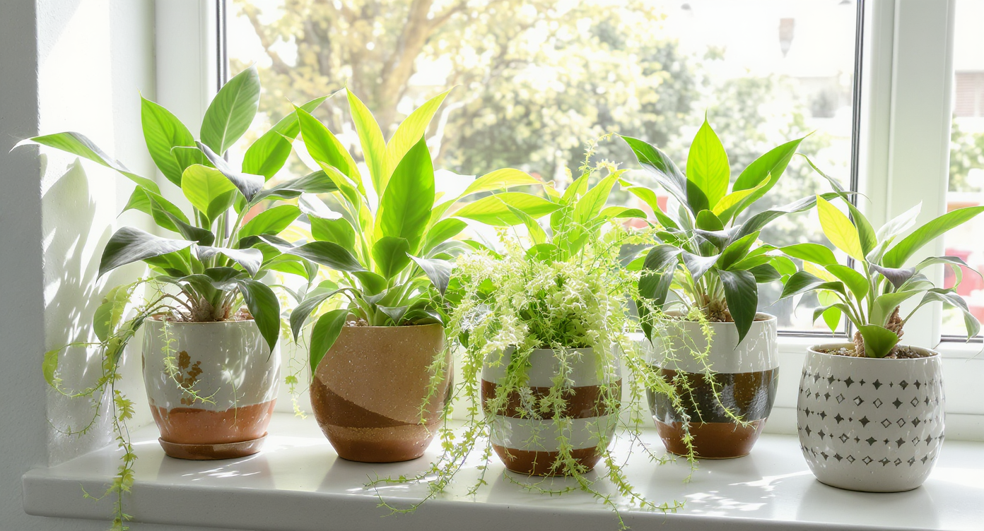 Bright windowsill adorned with lush Spider plants in colorful pots, basking in natural sunlight.