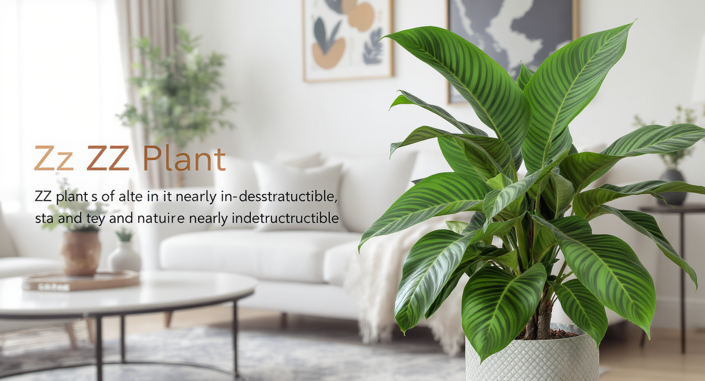 Chic living room with a ZZ plant, showcasing modern decor and natural light enhancing the green plant.
