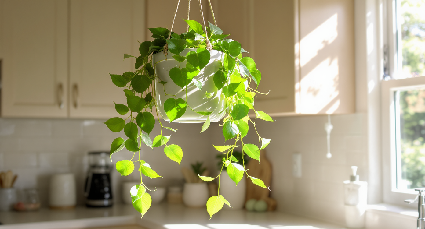 Close-up of a thriving Pothos plant in a hanging planter, illuminated in a bright kitchen space.