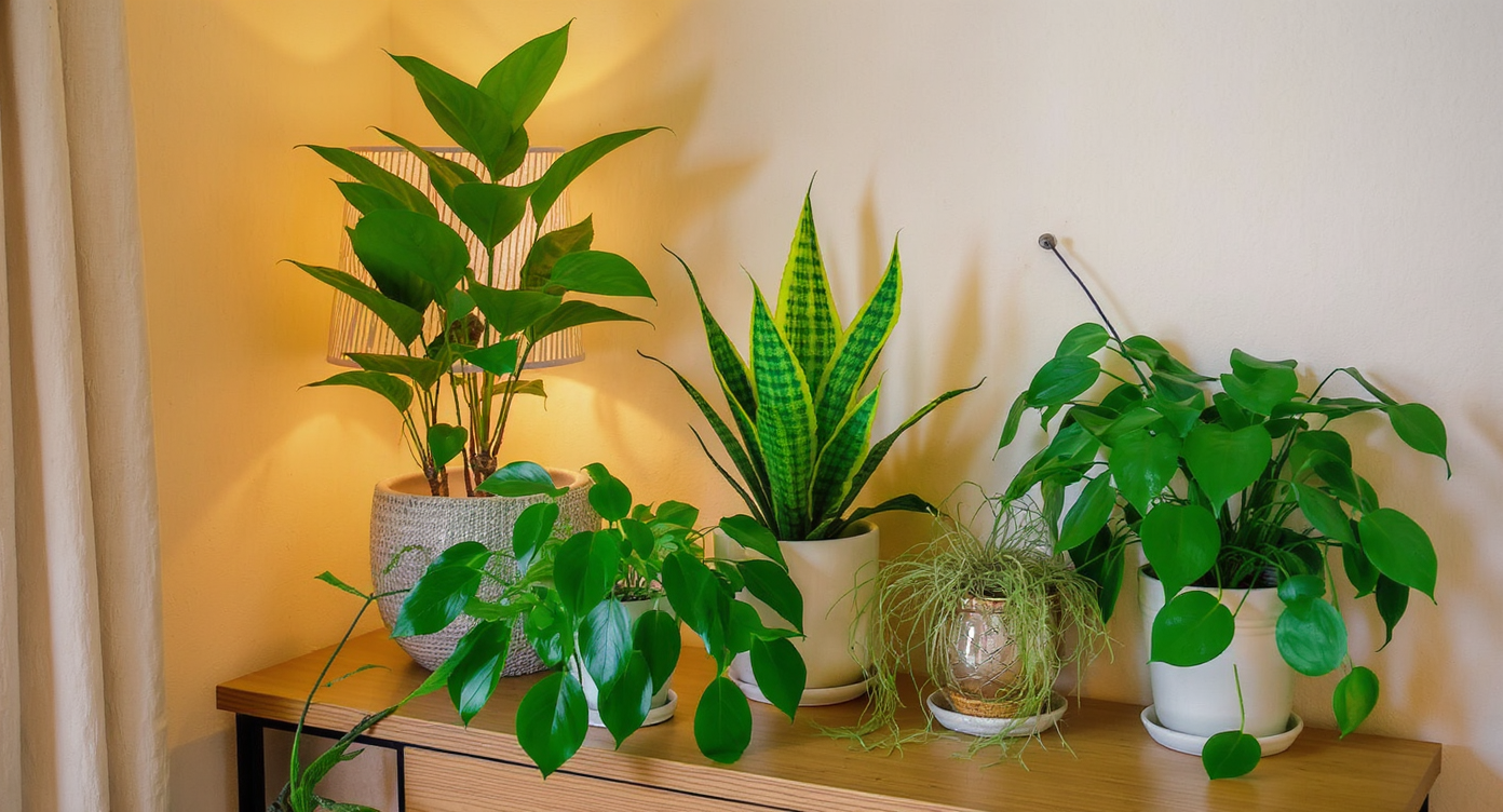 Corner of a home with low-maintenance houseplants on a console table, featuring warm ambient lighting.