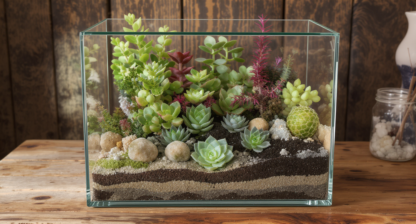 Artistic arrangement of succulents in a modern terrarium, set on a rustic wooden table under natural light.