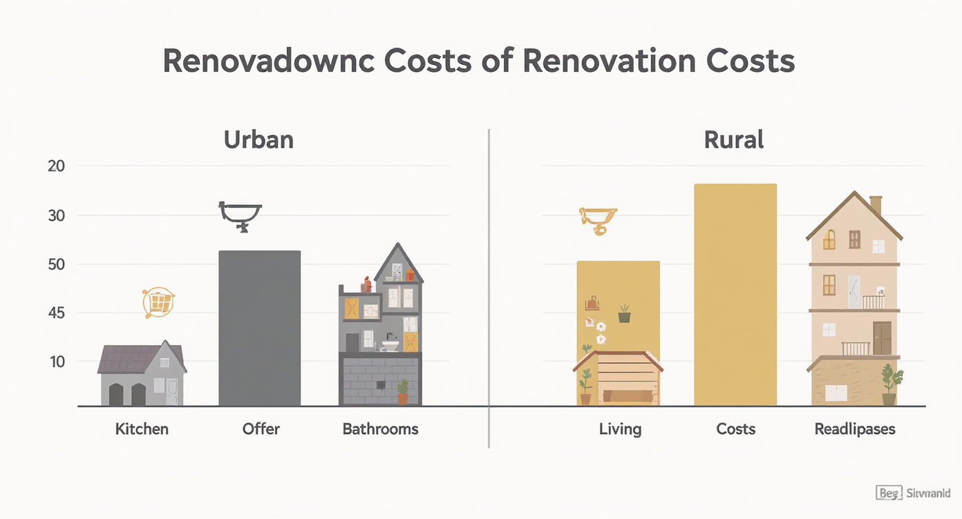 An infographic illustrating renovation costs for 2026 comparing urban versus rural areas with icons representing different home spaces.