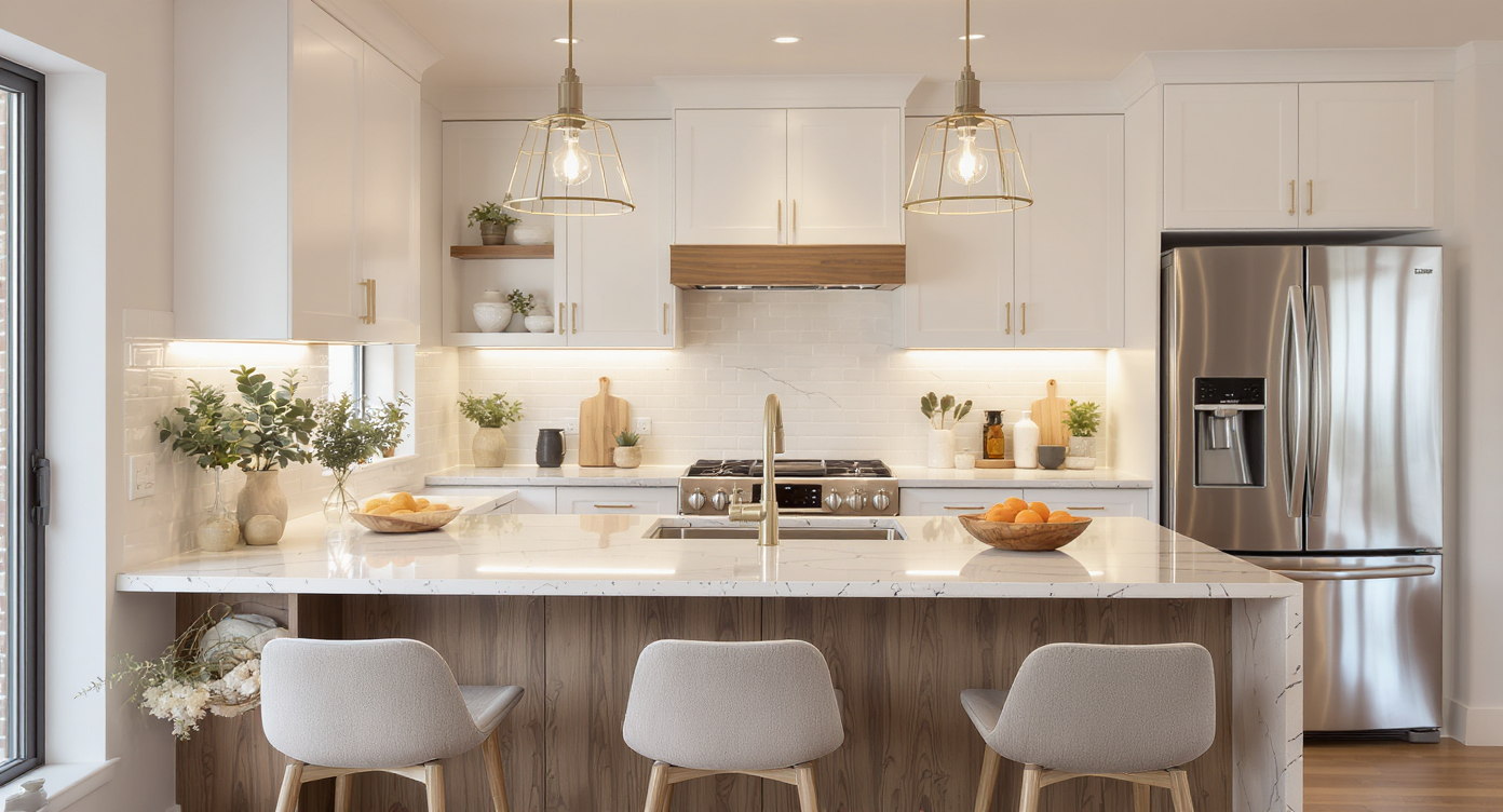 A modern kitchen showcasing natural materials, soft colors, and smart appliances in a warm, inviting atmosphere.