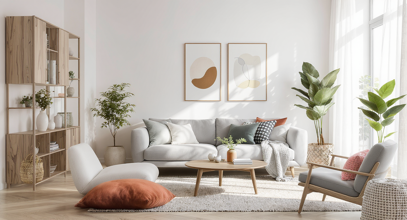 A contemporary room designed with wellness and sustainability in mind, featuring natural materials and indoor plants.