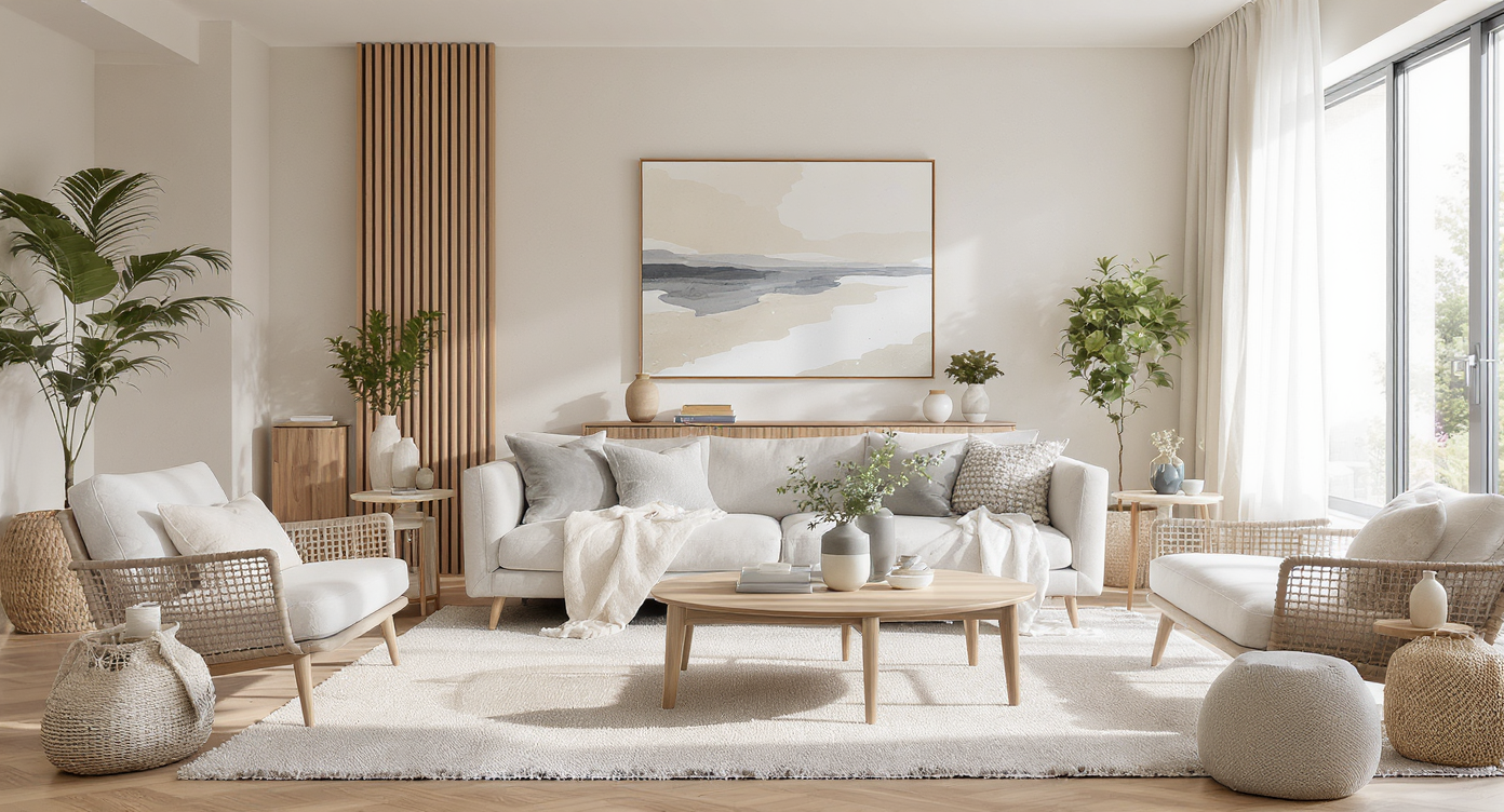 A modern living room featuring natural materials, large windows, and a cozy atmosphere with neutral colors and plants.
