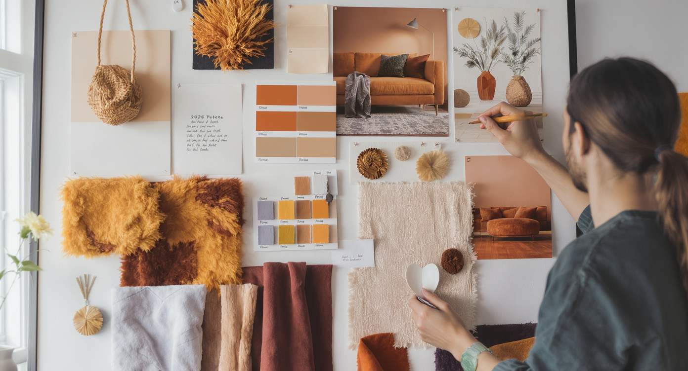 Designer mood board featuring the 2026 color palette with swatches, textures, and styled imagery.