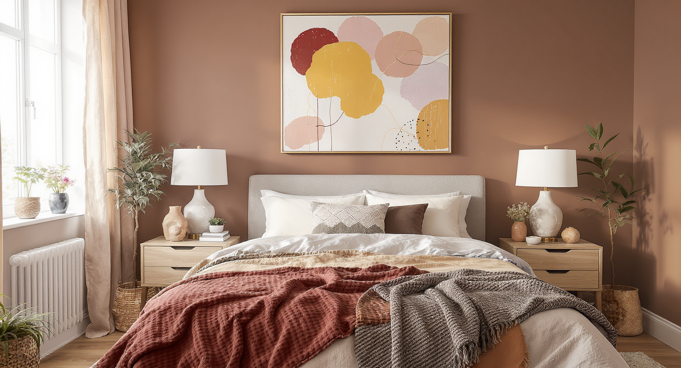 Contemporary bedroom designed with the 2026 color palette featuring rich tones, cozy textiles, and natural light.
