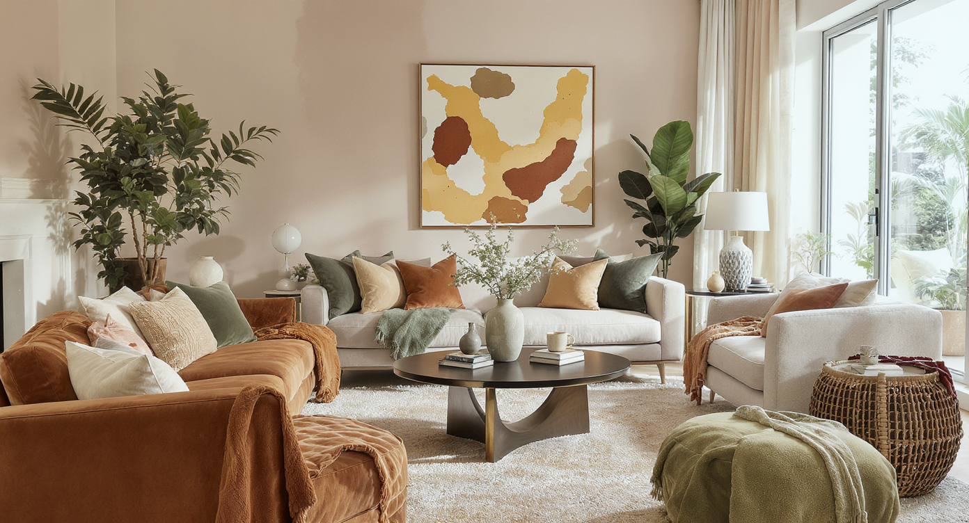Living room illustrating the 2026 color trend using earth tones and playful accents for a warm, inviting feel.