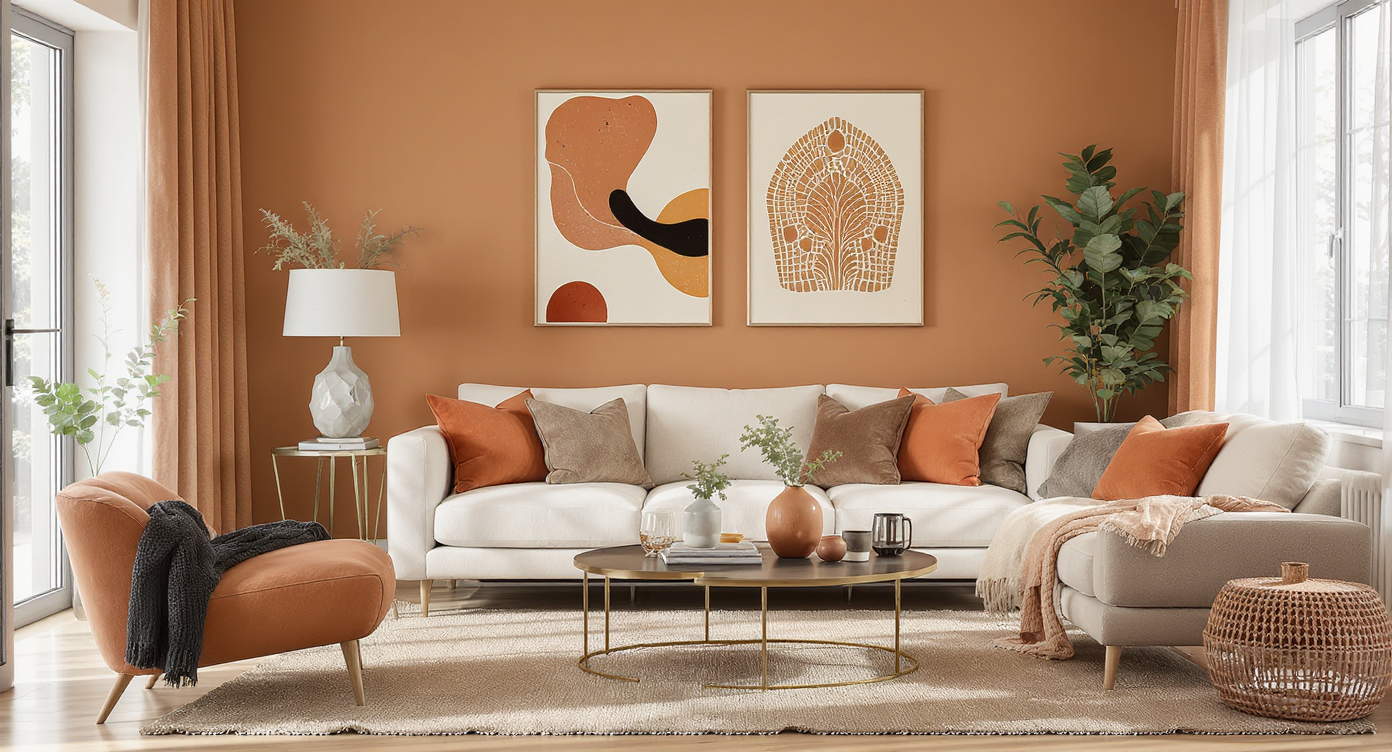 Stylish living room showcasing the 2026 color trend with earthy tones, natural light, and modern decor.