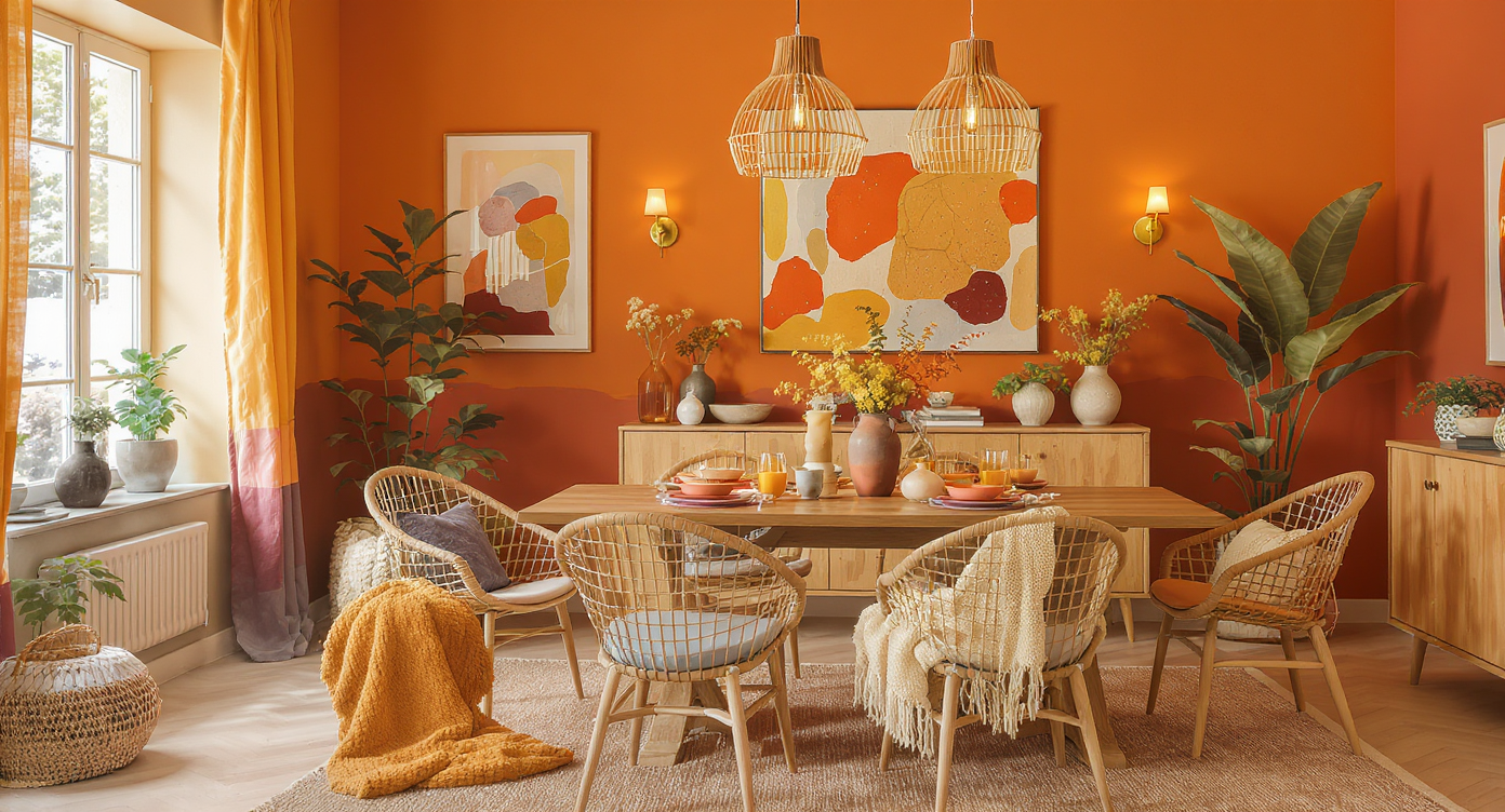 Vibrant dining area exemplifying the 2026 color trend with warm tones, modern decor, and welcoming ambiance.