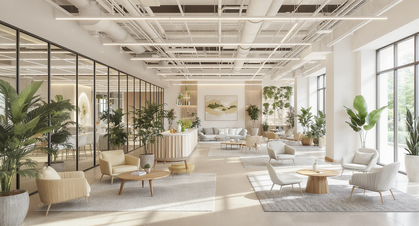 Bright and modern open floor plan in a commercial interior space featuring natural light, greenery, and stylish furniture.