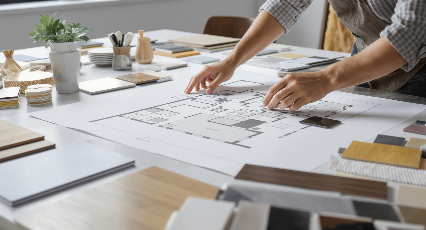 A designer reviewing a floor plan with samples of materials laid out on a table, embodying a creative workspace.