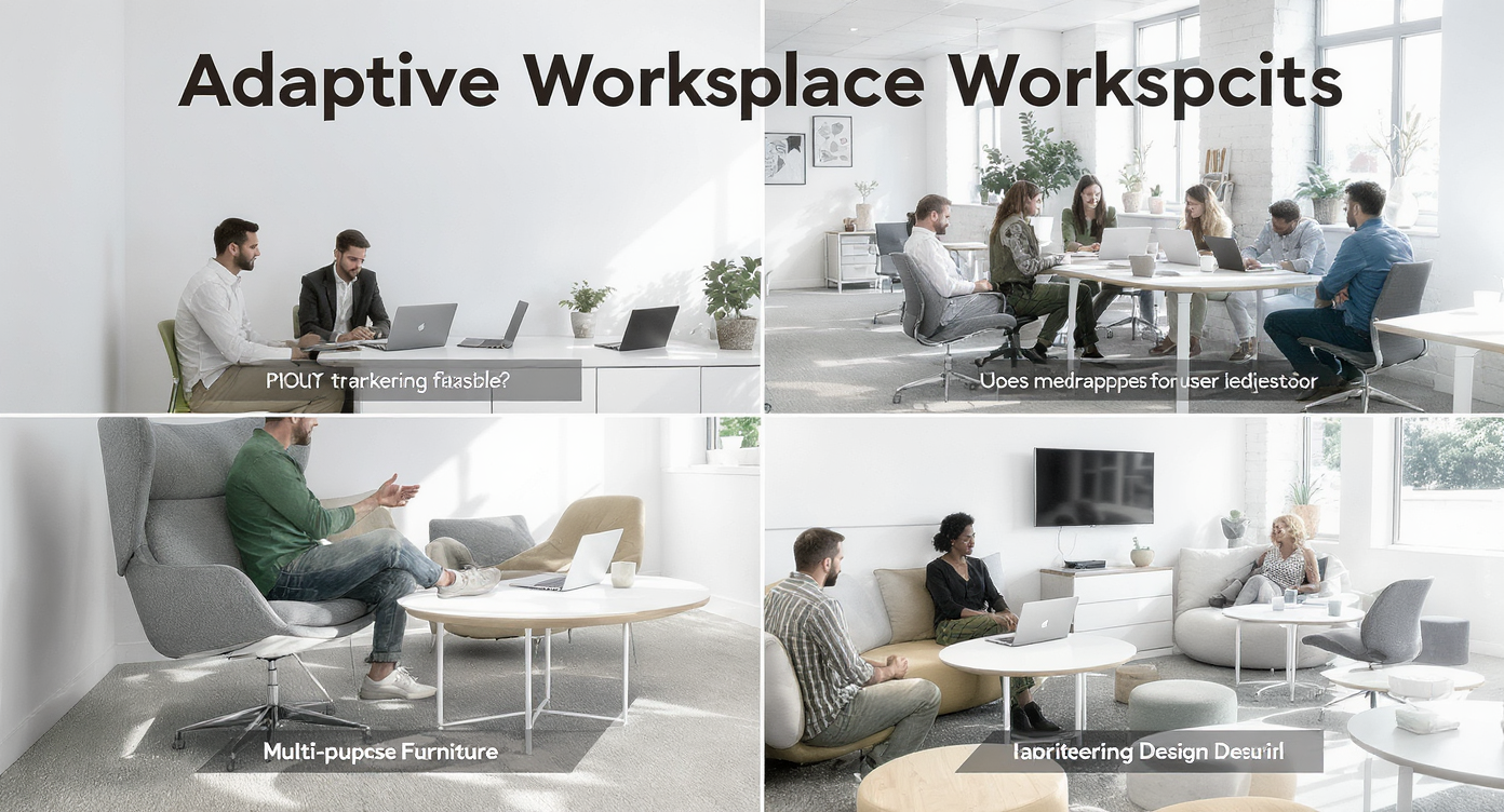 Adaptive workspace with adjustable furniture allowing users to alter the layout for different activities and discussions.