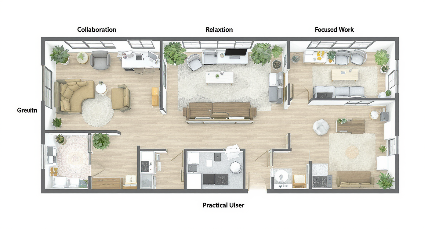 Office space showcasing functional zones tailored for collaboration and comfort, with ergonomic furniture and plants.