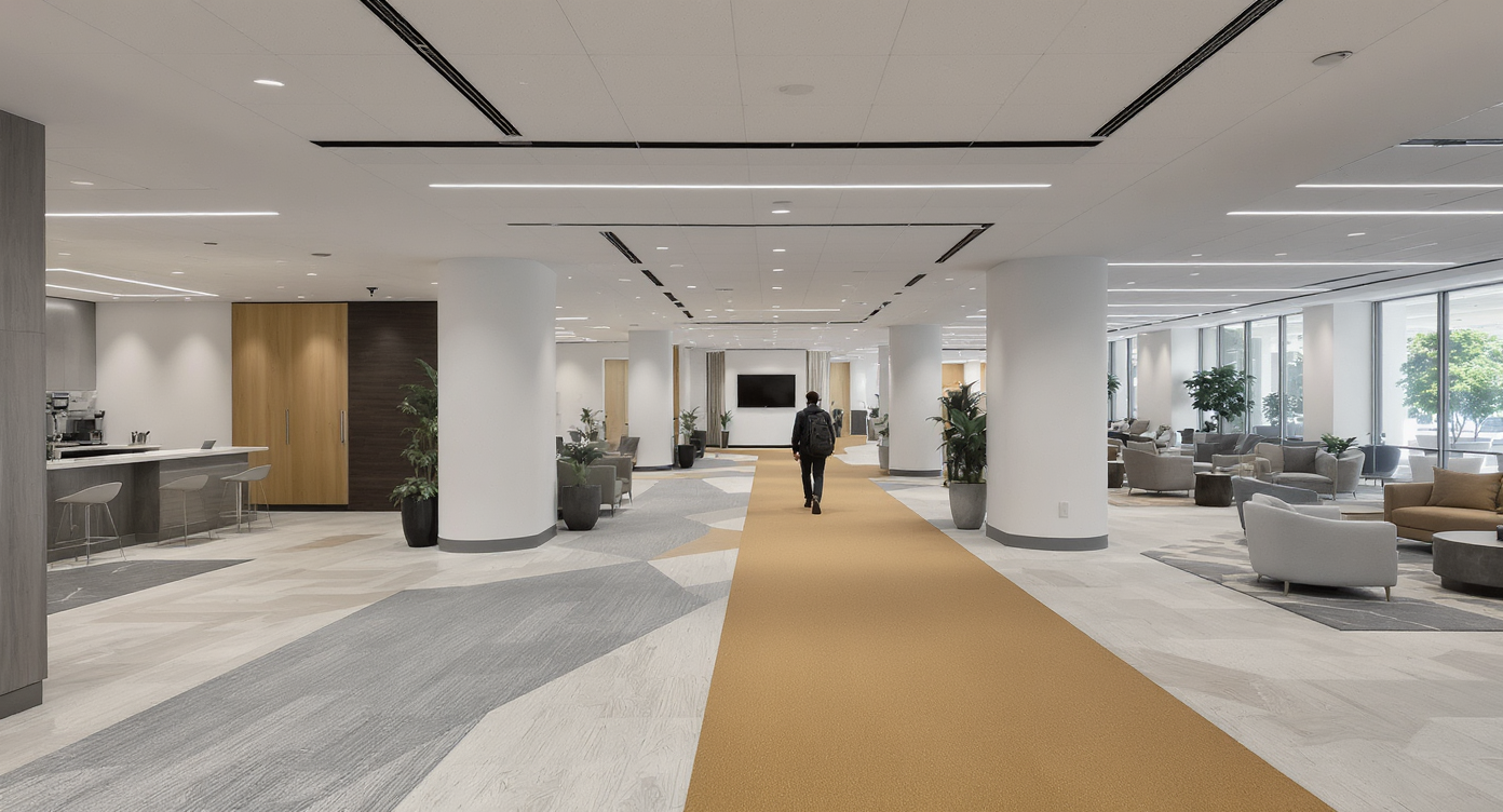 Spacious commercial interior demonstrating movement flow with defined zones using architectural cues rather than signs.