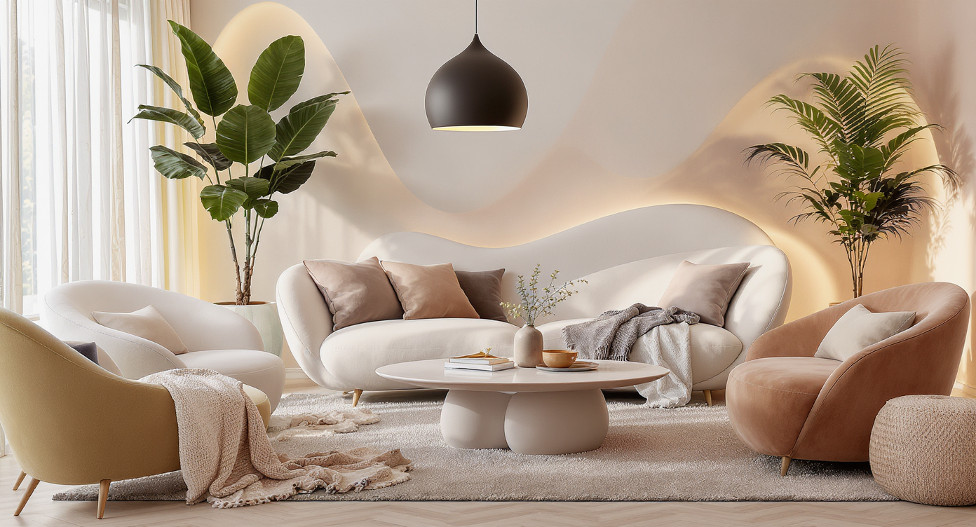 Living room with curved furniture showcasing organic shapes, soft textures, and warm lighting for a comfortable environment.