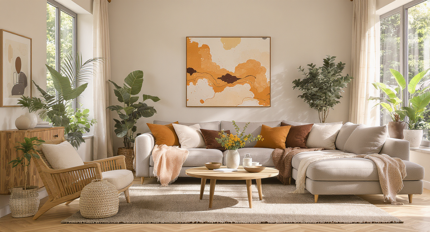 Living room showcasing warm neutrals with camel and cocoa tones, large sofa, and natural light through windows.