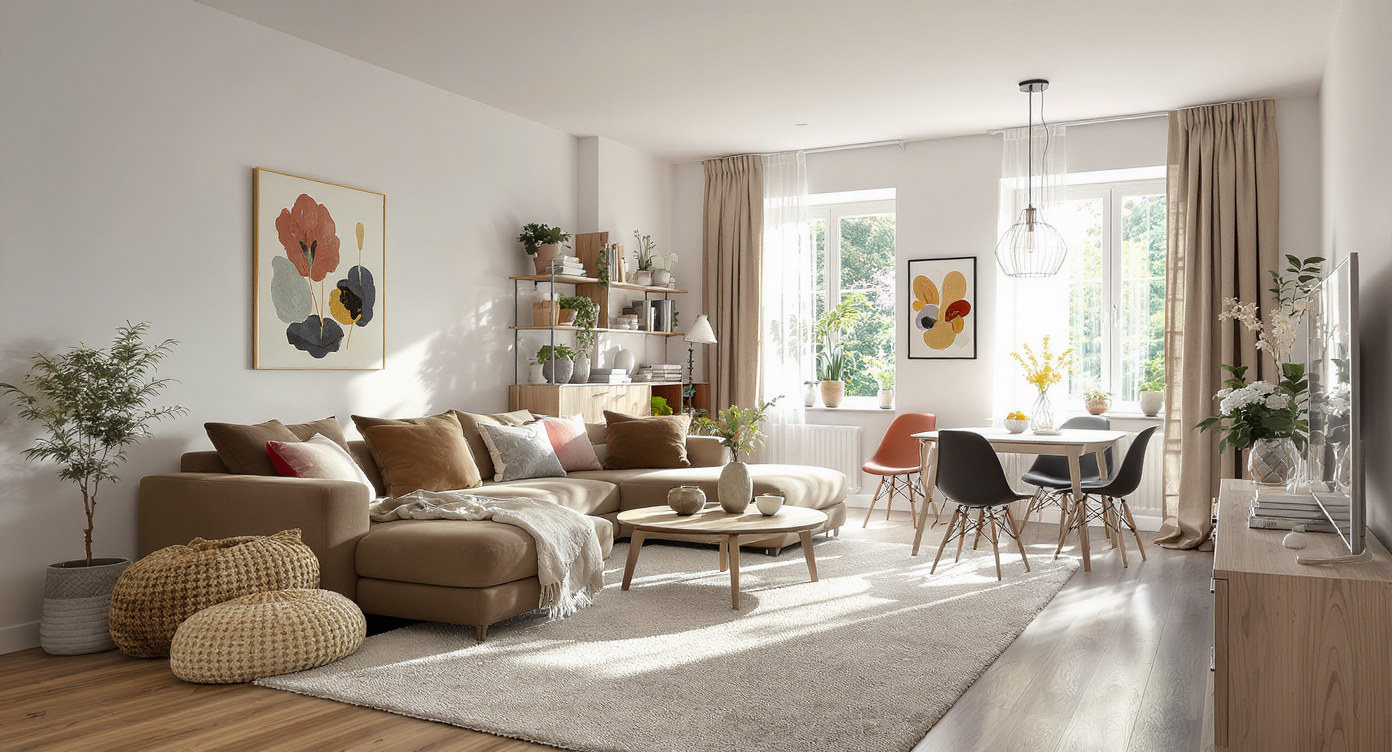 Open-plan living space with modular furniture allowing flexibility, in warm earthy tones and abundant natural light.