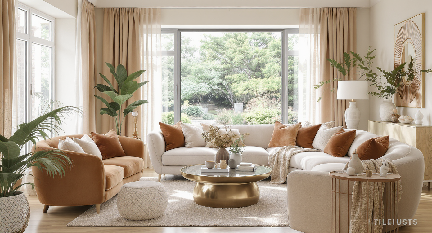 Bright living room featuring warm neutral tones, curved furniture, and natural light flowing through a large window.