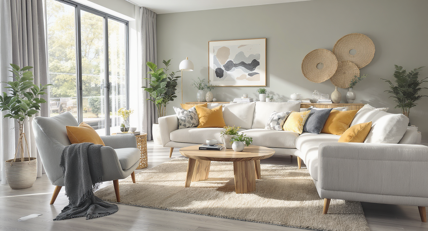 Flexible living room with soft earthy tones, modular furniture, and natural light, designed for multi-purpose use.