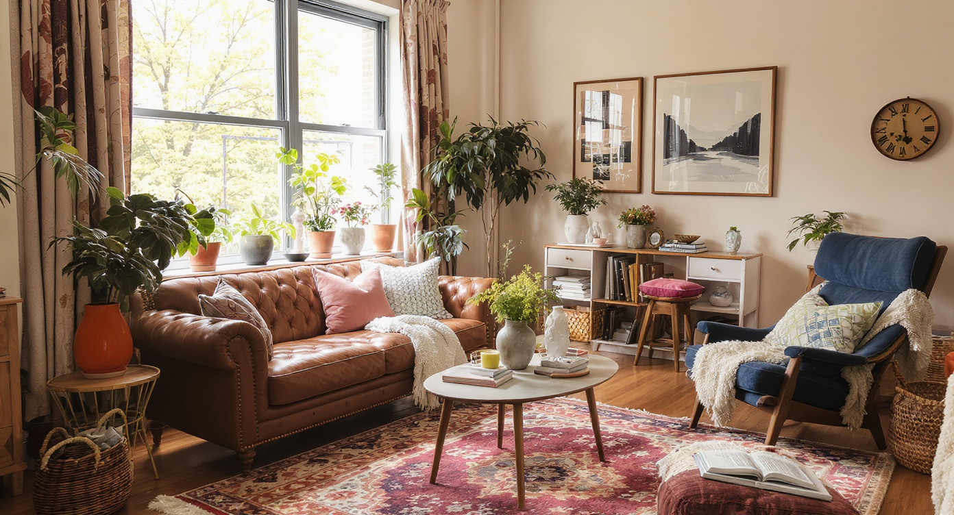 A bright, styled Brooklyn apartment showcasing a mix of secondhand furniture and decor with large windows and plants.