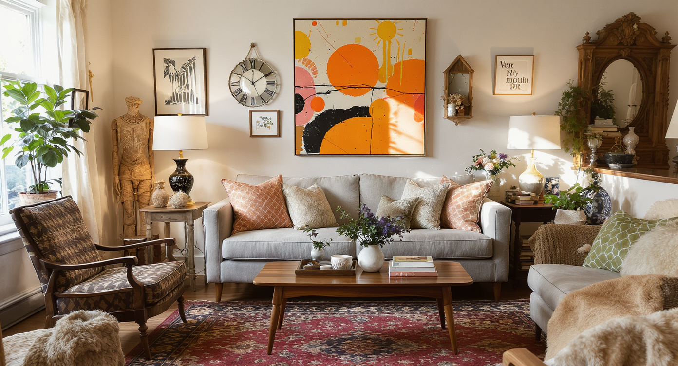 An inviting living room filled with stylish secondhand furniture and unique decor items, rich in textures.
