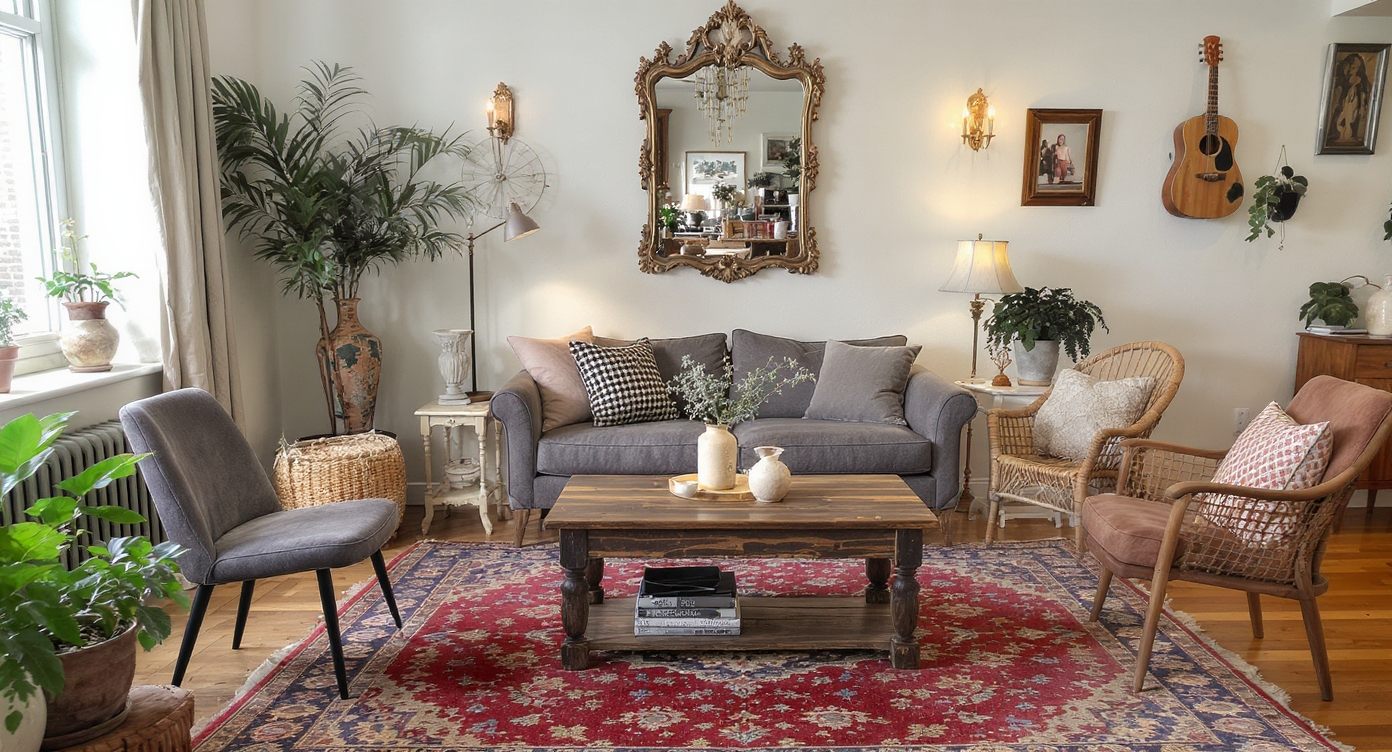 A cozy vignette showcasing eclectic secondhand furniture in a small urban apartment with rustic elements.