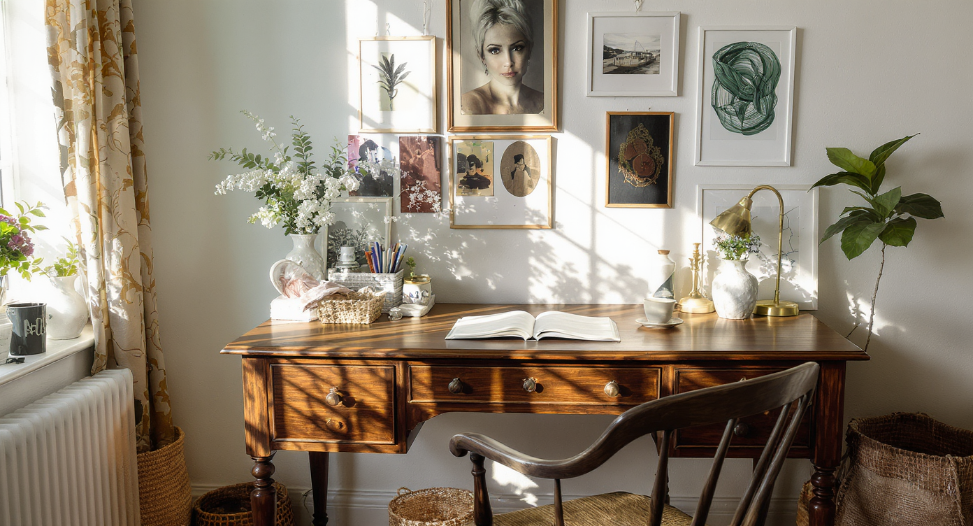 A curated home office workspace featuring antique furniture, vintage decor, and creative design.